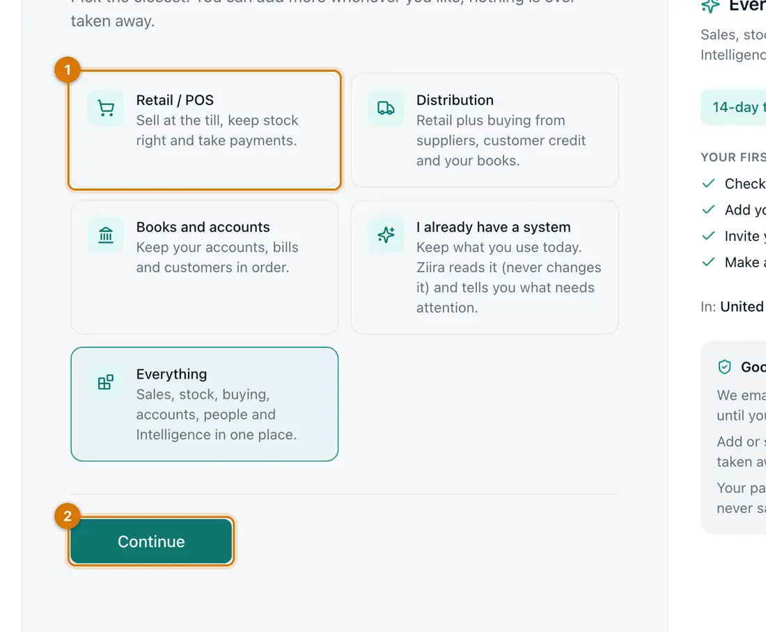 The Ziira sign-up page with five cards: Retail / POS, Distribution, Books and accounts, I already have a system, and Everything