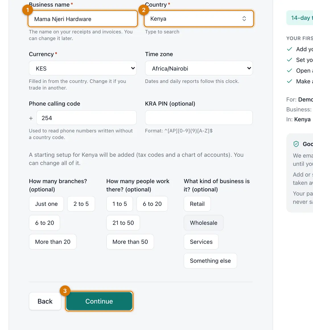 The business details step: business name, country Kenya, currency KES and an optional tax number