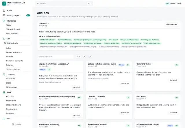 The Ziira Add-ons page with the business's edition, a list of what is switched on, and cards for each add-on with a Switch off button