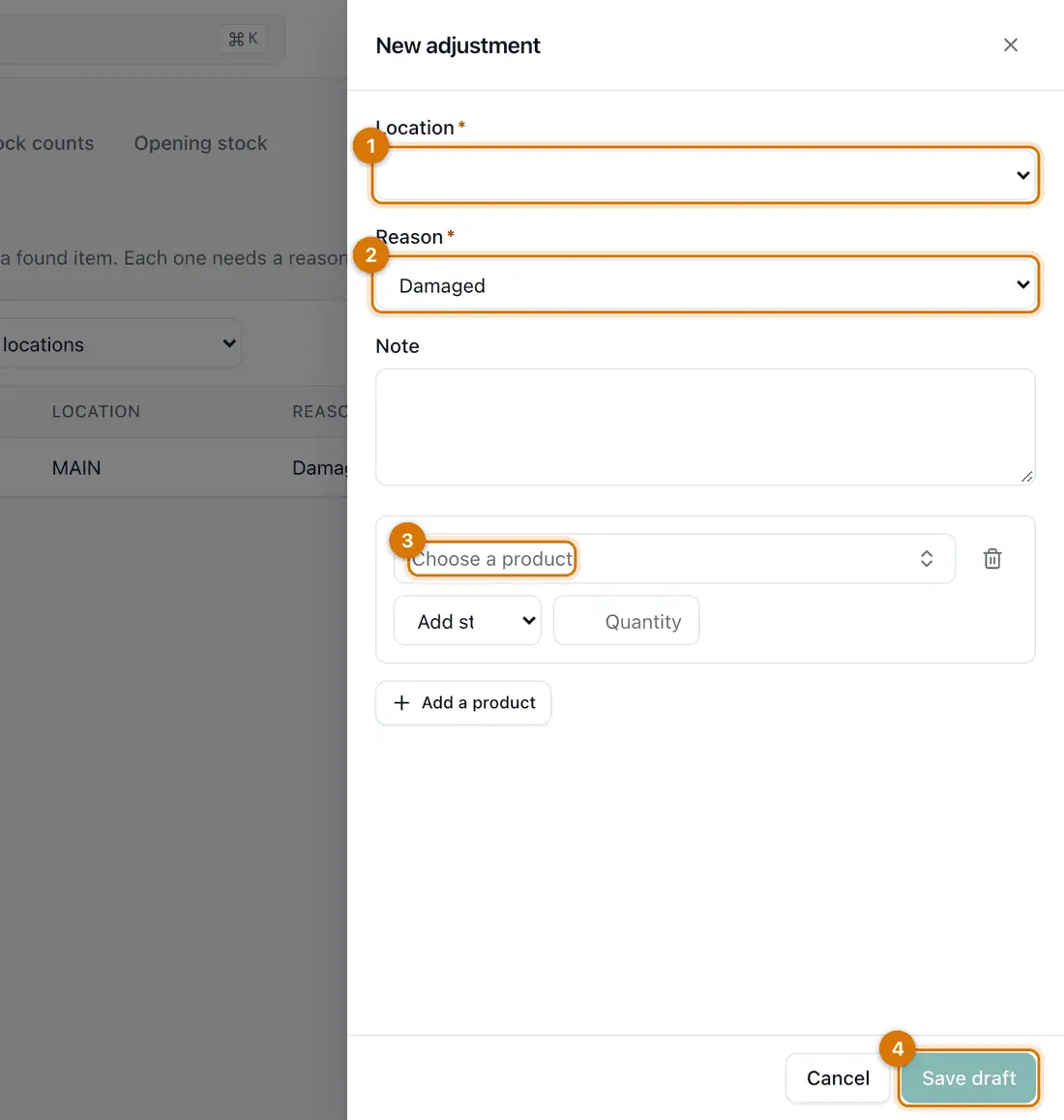 The New adjustment drawer with location, reason, note and a product line