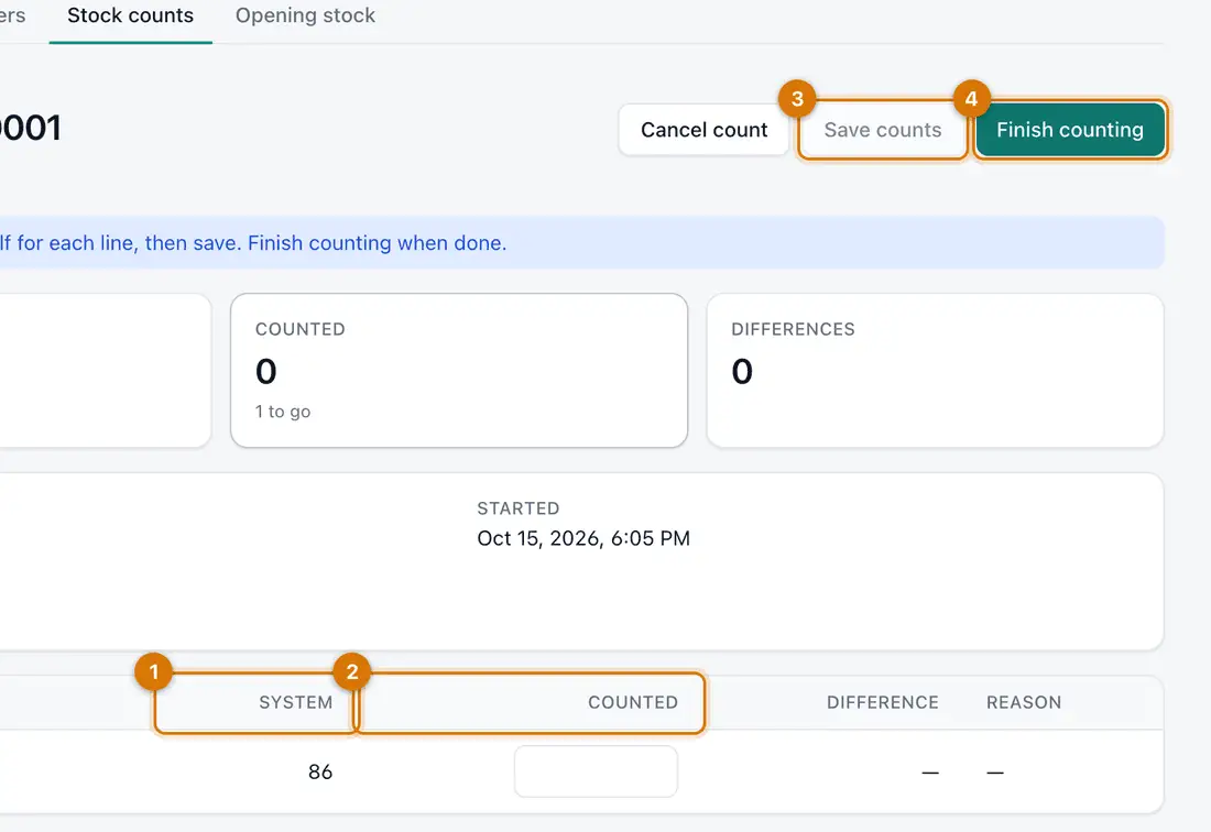A stock count sheet with the system quantity and a box to type the counted quantity for each product