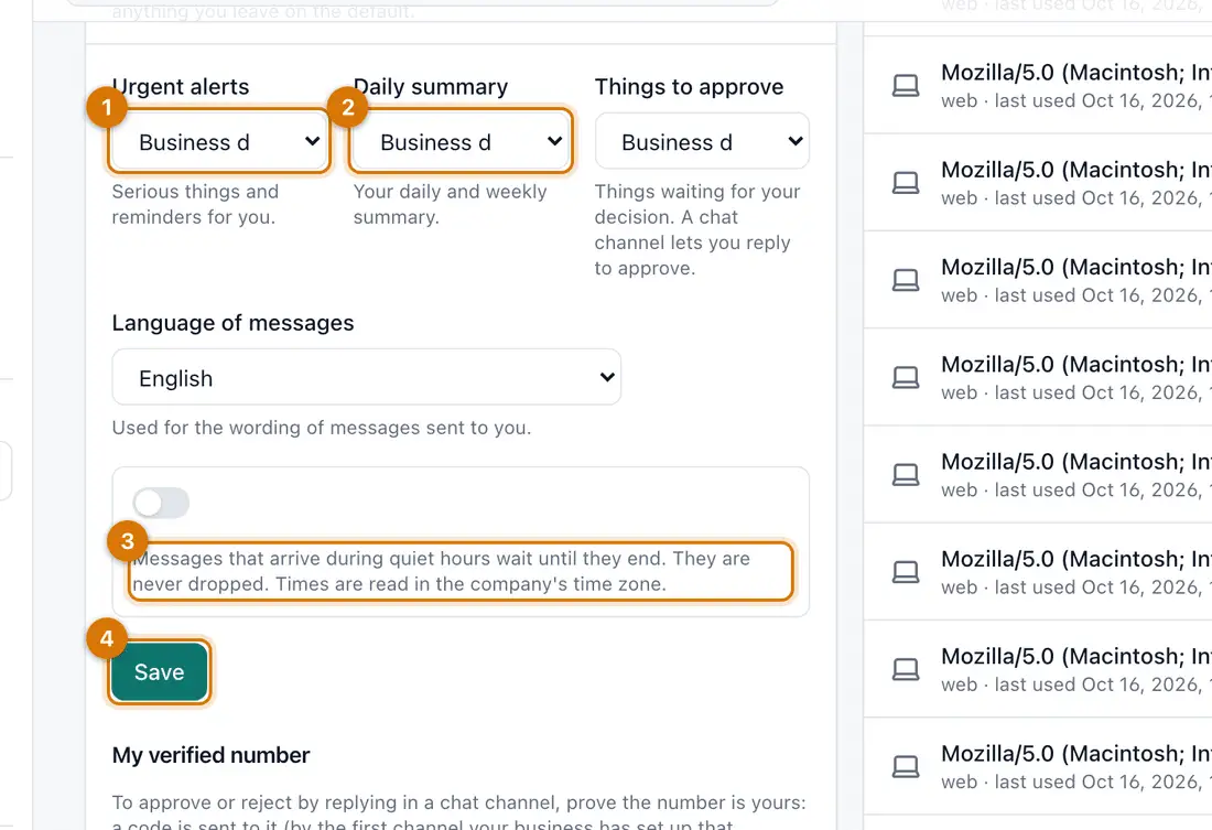 My account notifications with urgent alerts, daily summary and things to approve choices, and quiet hours