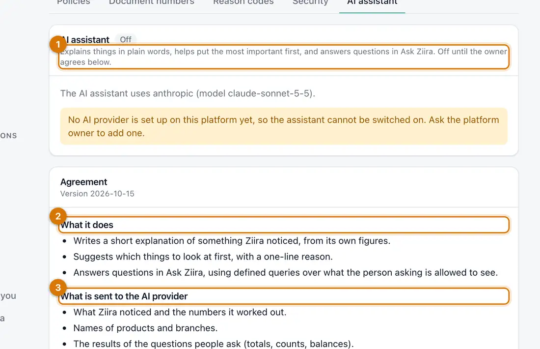 The AI assistant settings with an Off status, what it does and what is sent
