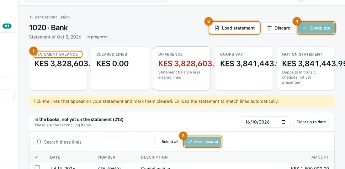 A bank reconciliation in progress with statement balance, cleared lines, difference and a list of lines not yet on the statement