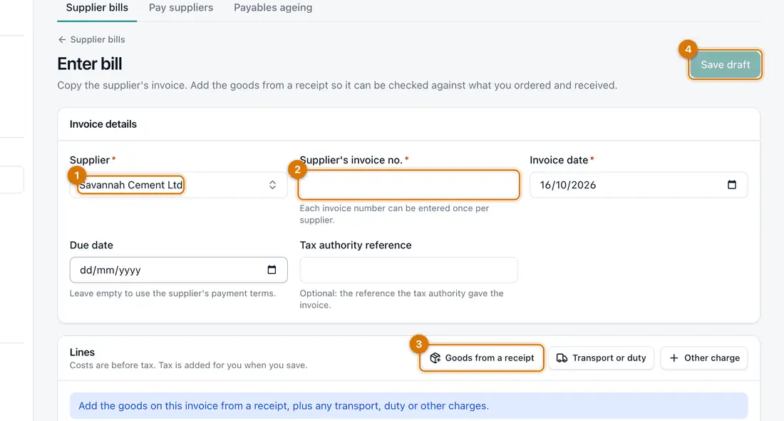The Enter bill page with supplier, invoice number, invoice date and the lines section