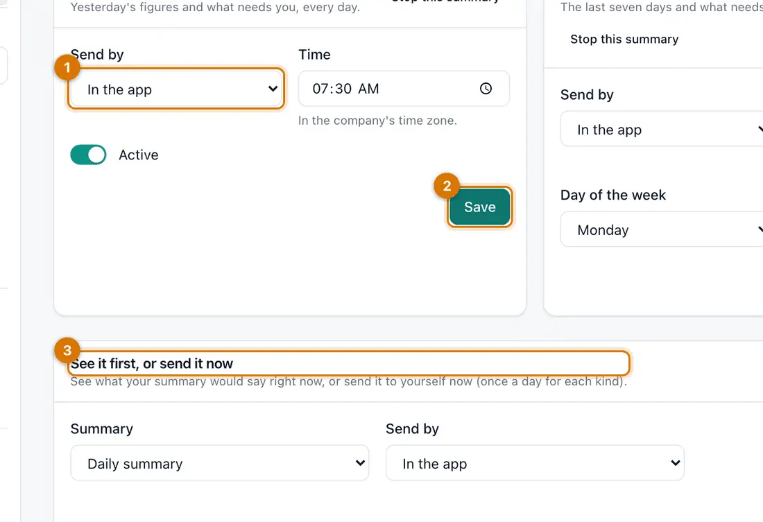 The Daily summary page with daily and weekly settings and a section to preview and send