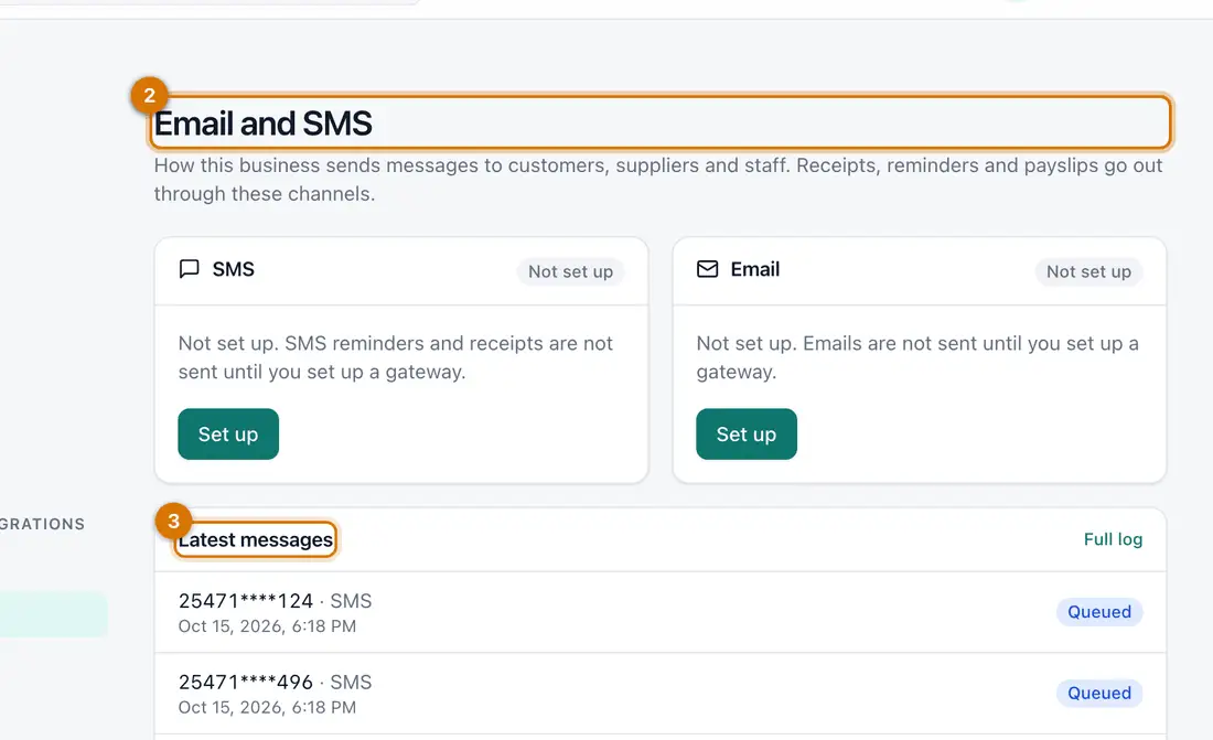 The Email and SMS settings page with SMS and Email cards marked Not set up and a Set up button on each