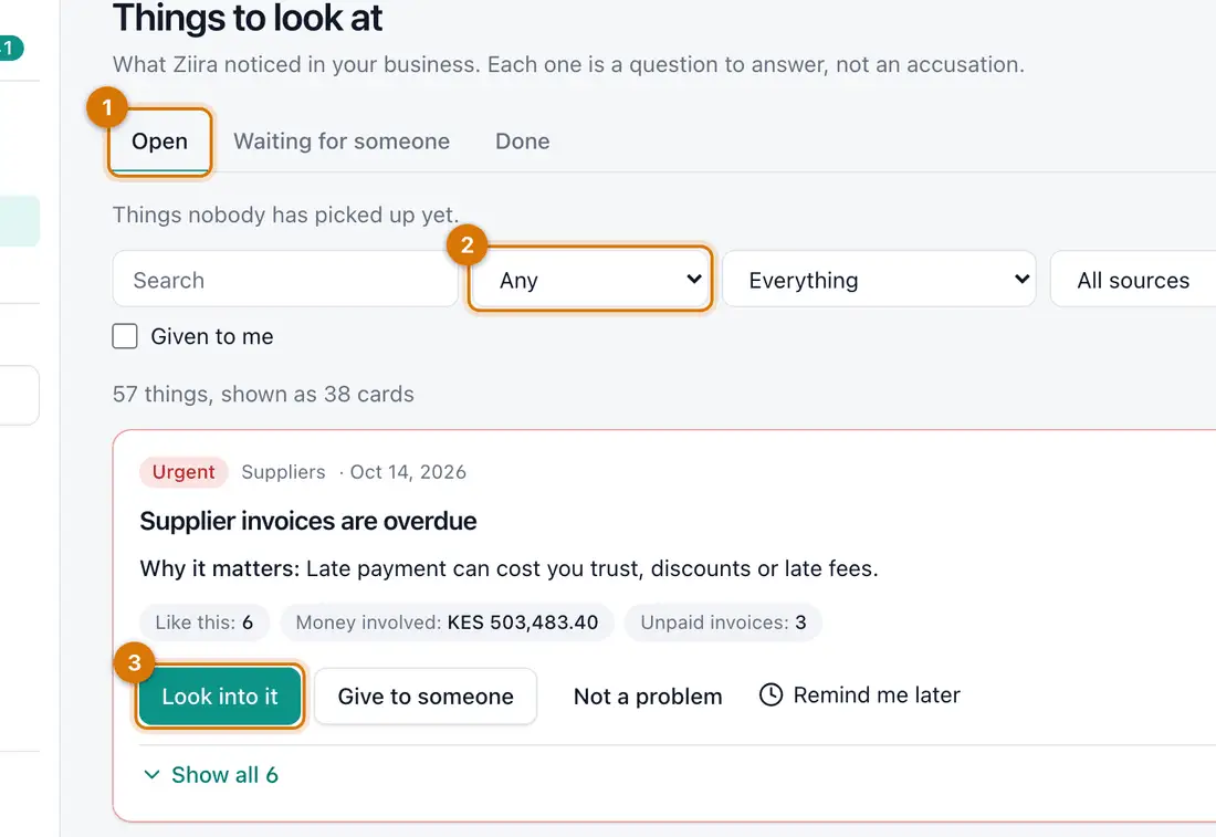 The Things to look at page with tabs, filters and cards, most urgent first