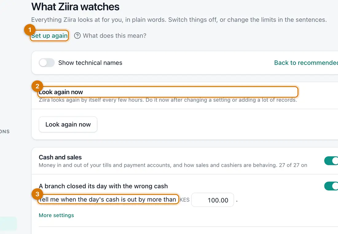 The What Ziira watches page with topics, plain sentences and boxes for the limits