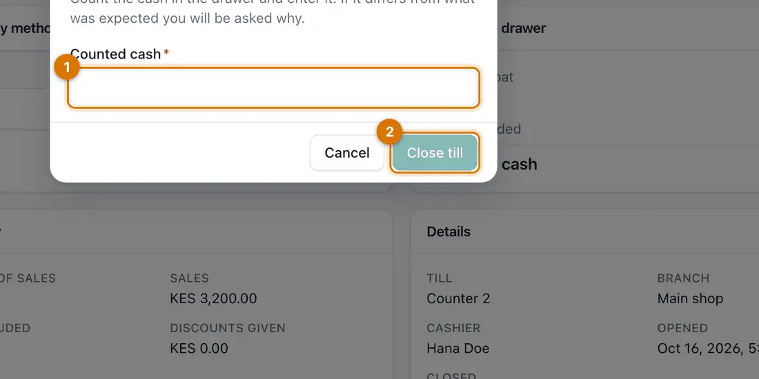 The Close till box asking for the counted cash