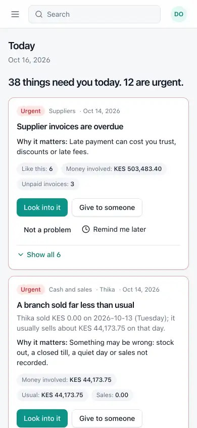 The Ziira Today page on a phone showing how many things need you and the most urgent one first