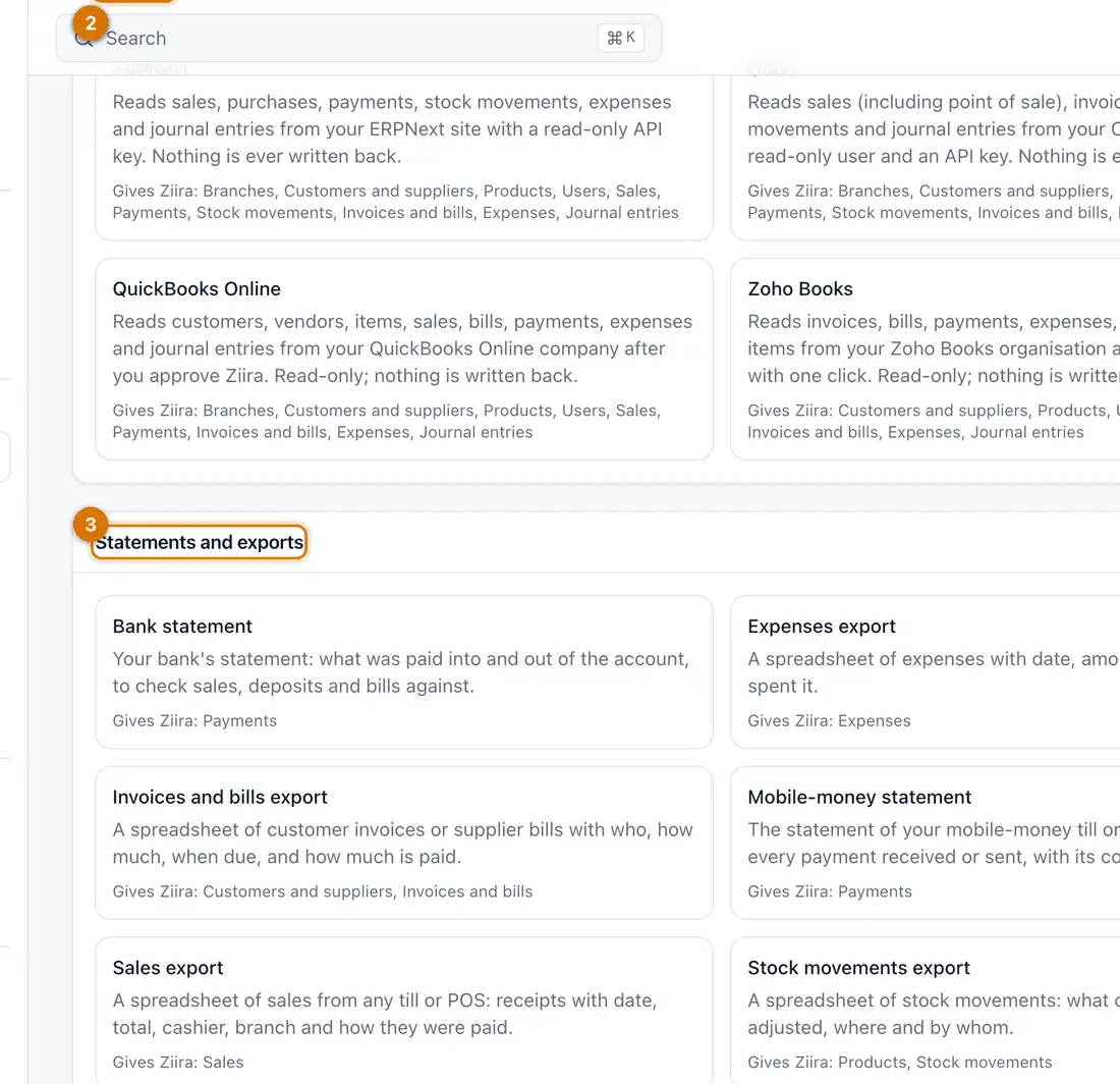 The Add a connection page with a file drop area, four system choices and a list of statement and export types