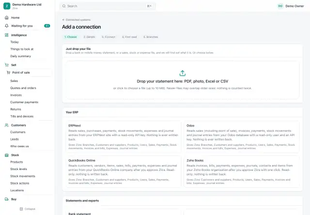 The Add a connection page: drop a bank or mobile-money statement or a sales, stock or expense file