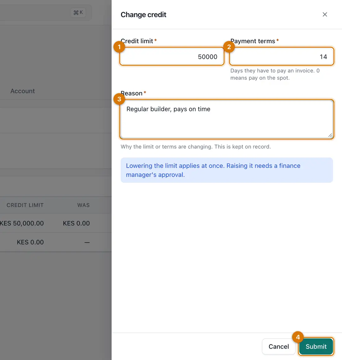 The Change credit drawer with Credit limit, Payment terms and Reason