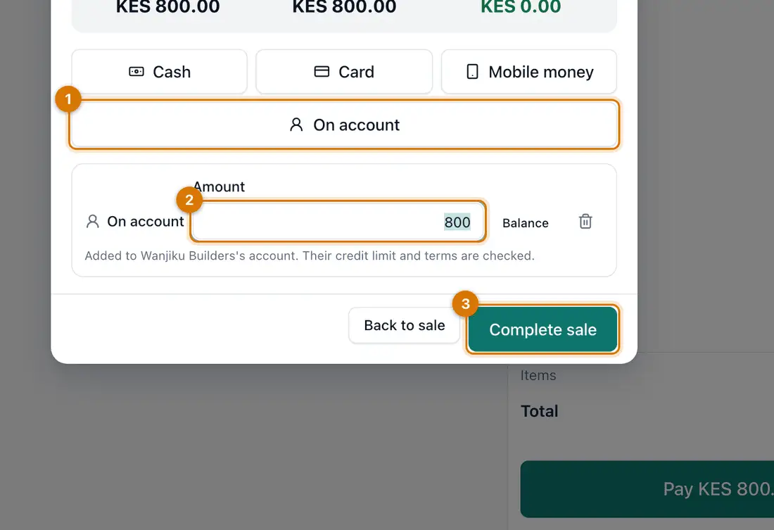 The Take payment box with On account chosen for a customer