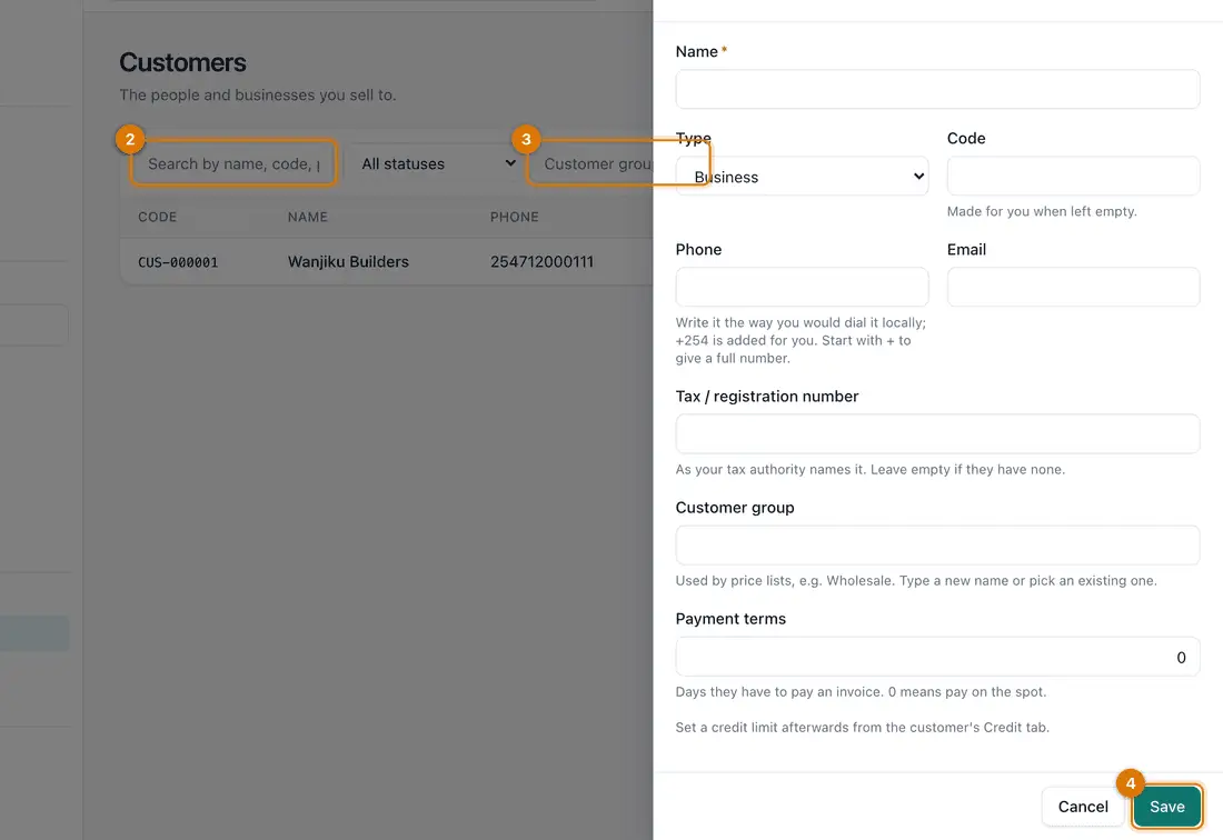 The New customer drawer with name, type, phone, email, tax number, customer group and payment terms