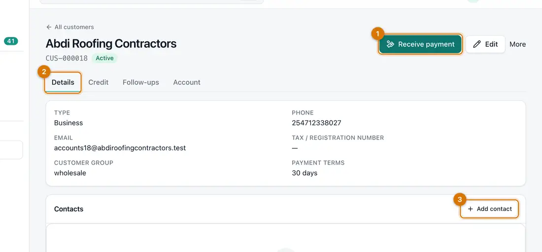 A customer's page with Receive payment, Edit and More buttons and the Details, Credit, Follow-ups and Account tabs