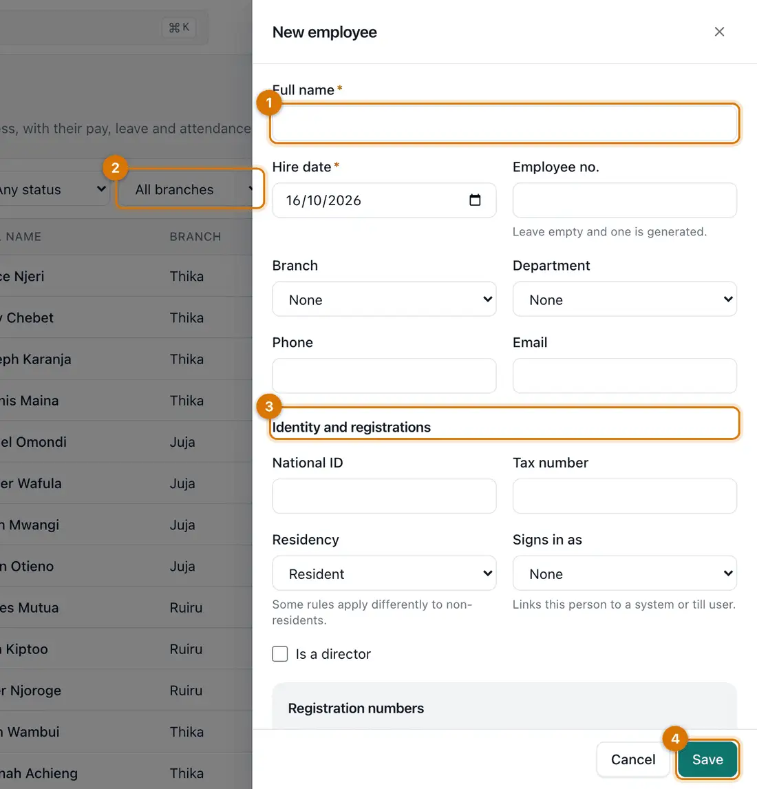 The New employee drawer with name, hire date, branch, department, contact and identity details