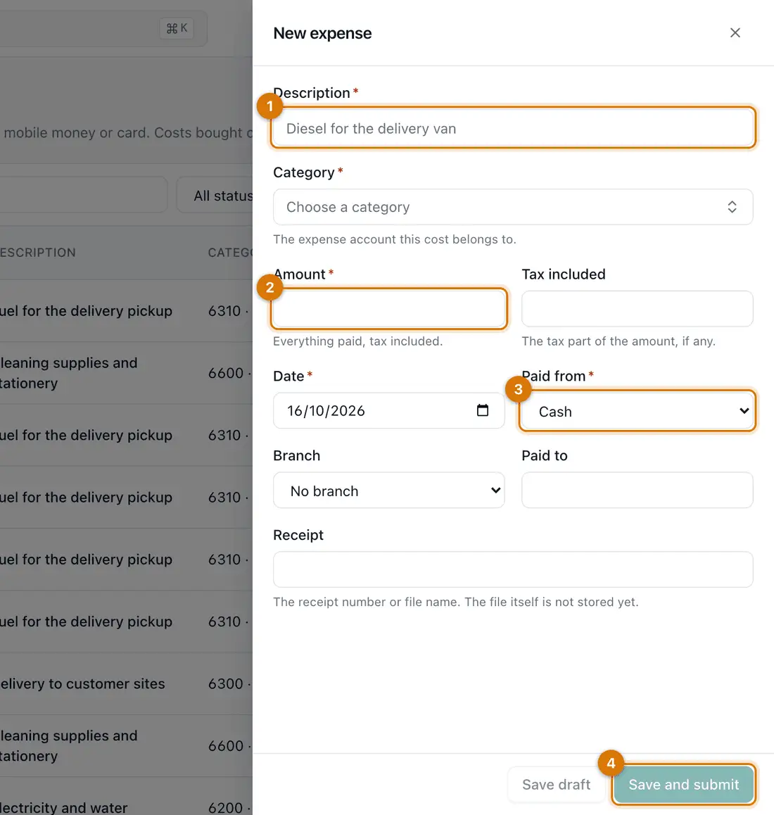 The New expense drawer with description, category, amount, date, paid from, branch, paid to and receipt