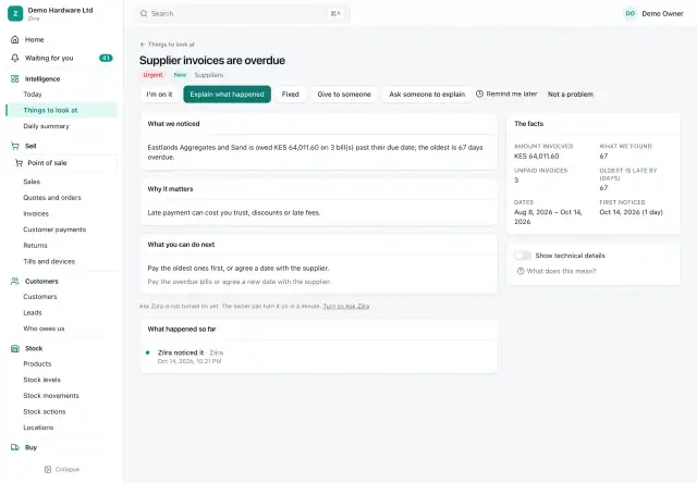 One thing to look at in Ziira, supplier invoices that are overdue, with what we noticed, why it matters, what you can do next, the facts and what happened so far