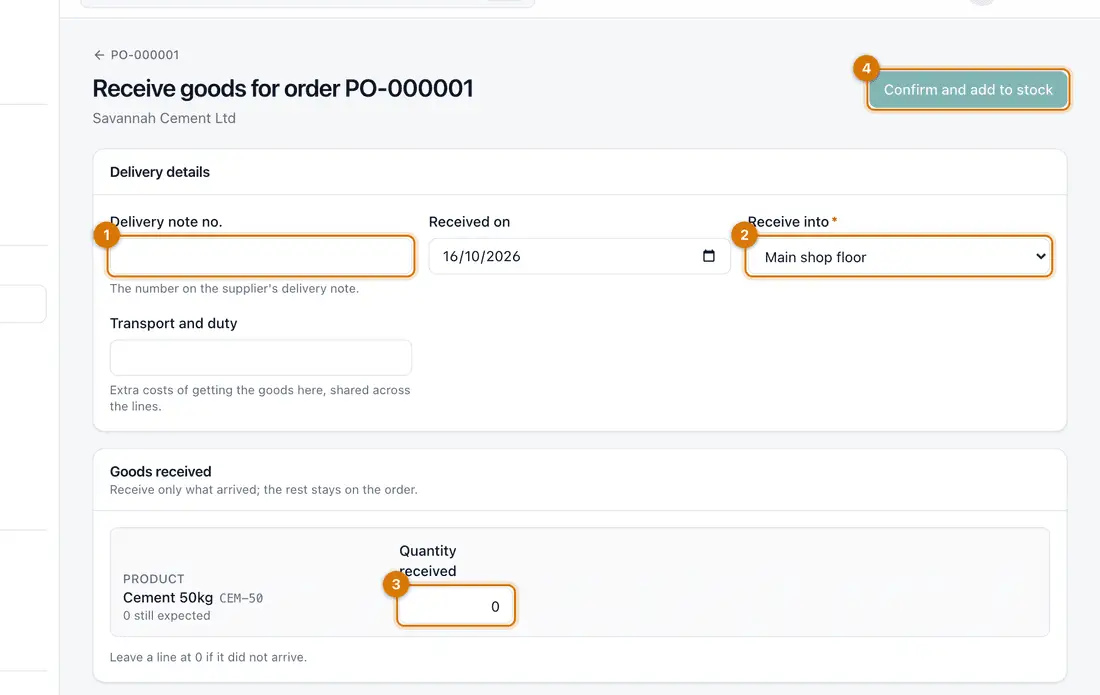 The Receive goods for order page with delivery note, received on, receive into and the quantity received for each product
