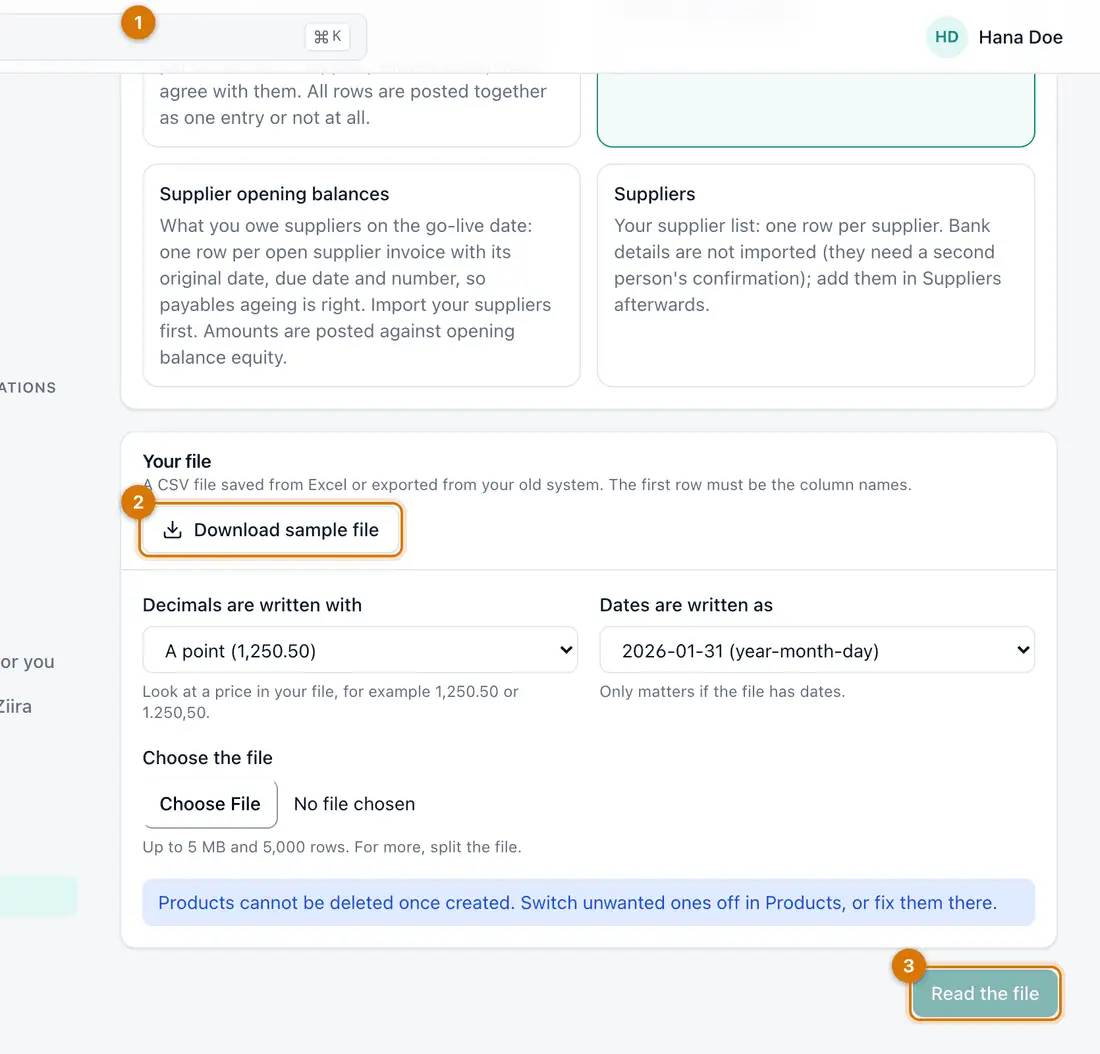 The New import page with choices for what you are importing and the file section