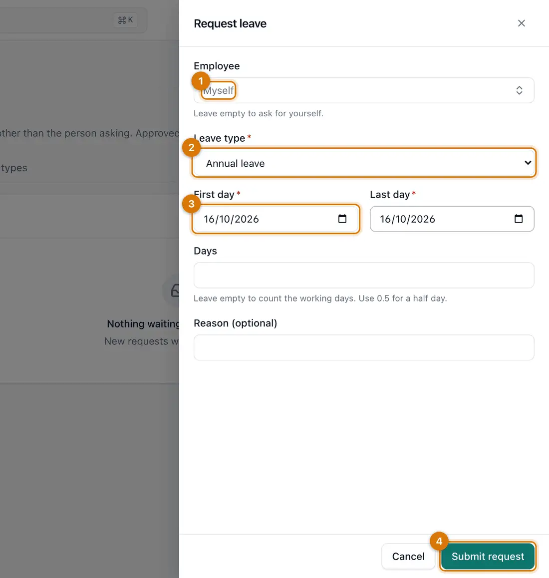 The Request leave drawer with employee, leave type, first day, last day, days and reason