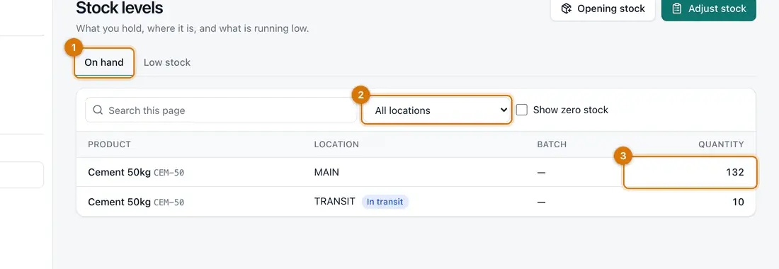 The Stock page listing products with their location and quantity, with branch and location filters