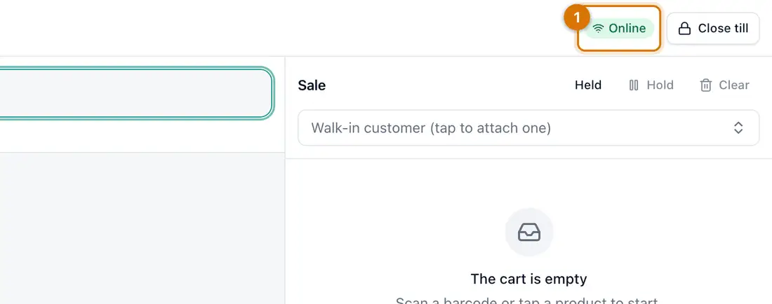 The till's top bar with the sync button that lists sales waiting to be sent