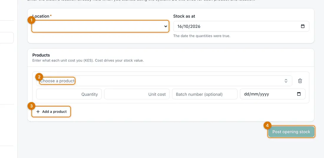 The Opening stock page with a location, a product row with quantity and unit cost, and the Post opening stock button