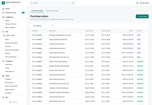 The Ziira Purchase orders list: order number, supplier, order date, expected date, total and a Sent or Received status