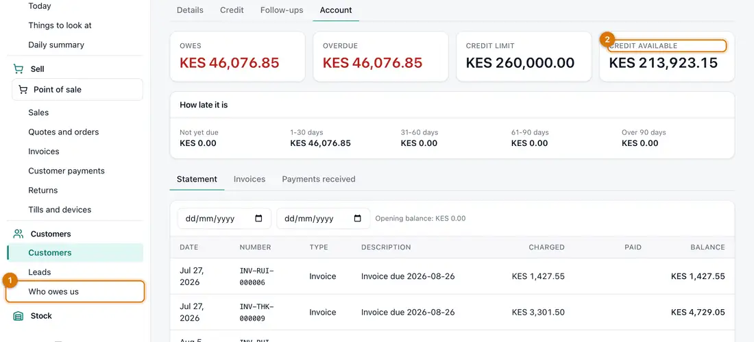 A customer's Account tab with what they owe, overdue amount, credit available and statement lines