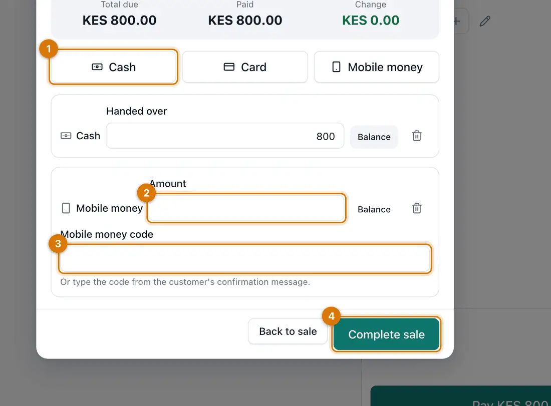 The Take payment box with a cash line and a mobile money line asking for the mobile money code