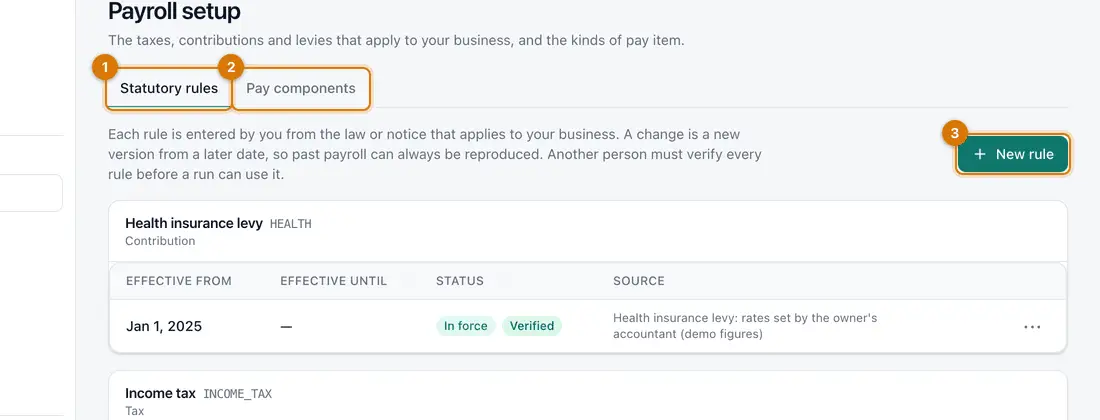 The Payroll setup page with Statutory rules and Pay components tabs and a list of rules