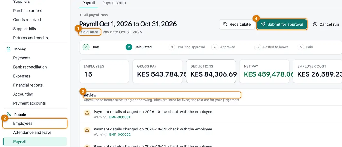 A payroll run showing the step bar from Draft to Paid, the totals and the review warnings