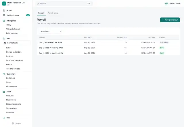 The Ziira Payroll page listing monthly payroll runs with period, pay date, employees, net pay and status