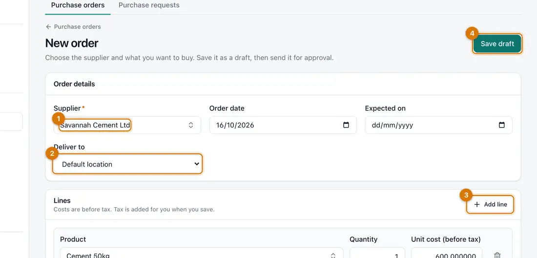 The New order page with supplier, dates, deliver to and a line with product, quantity and unit cost