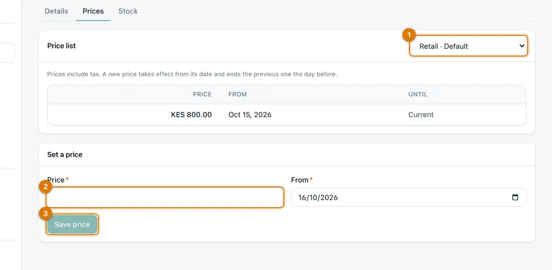 A product's Prices tab with a current price and the Set a price form