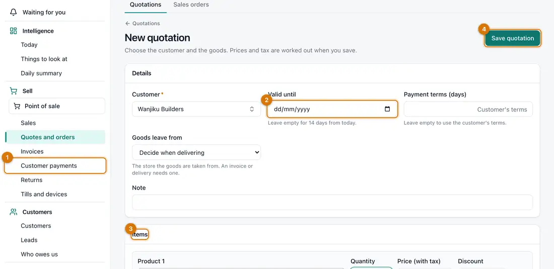 The New quotation form with customer, branch, valid until, payment terms and an items table