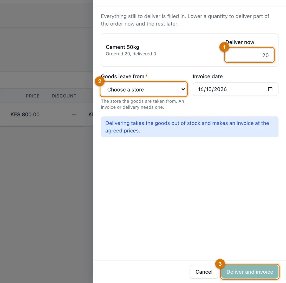 The Deliver box for a sales order with Deliver now, Goods leave from and Deliver and invoice