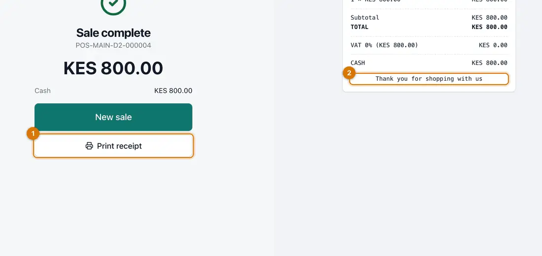 The Sale complete screen with the Print receipt button and the receipt shown beside it