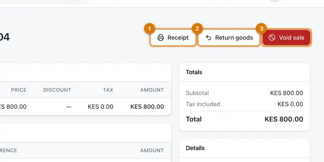 A sale's detail page with the Receipt, Return goods and Void sale buttons