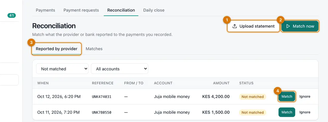 The Reconciliation page with the Upload statement and Match now buttons and lists of statement transactions and matches