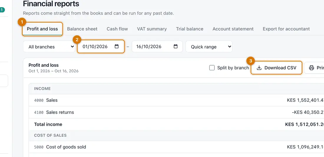 The Financial reports page showing the profit and loss report with branch and date filters