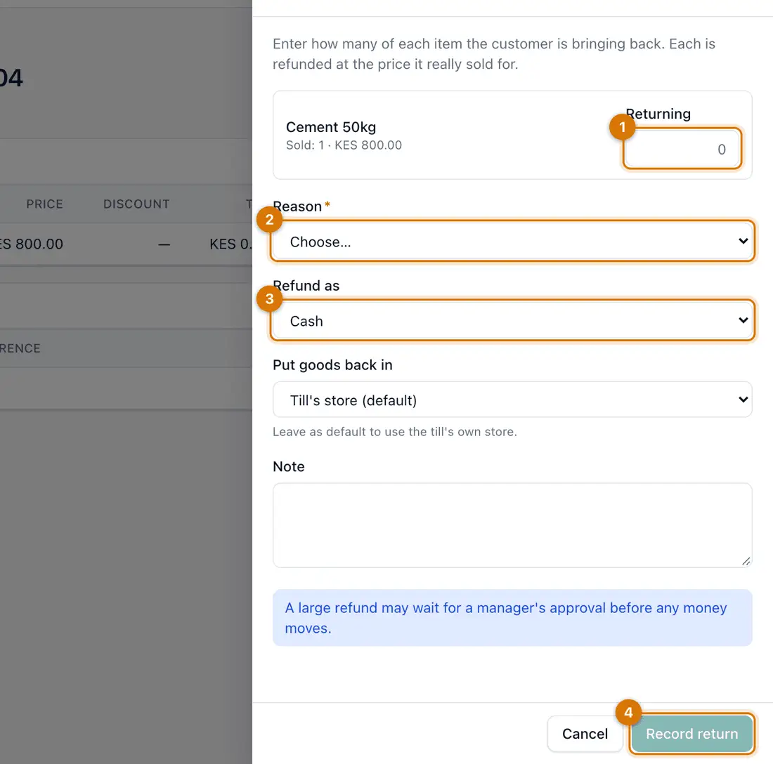 The Return for a sale drawer with quantity returning, reason, refund method and where the goods go back