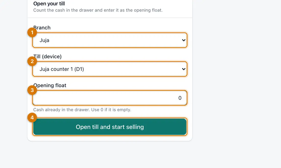 The Open your till page with Branch, Till (device) and Opening float