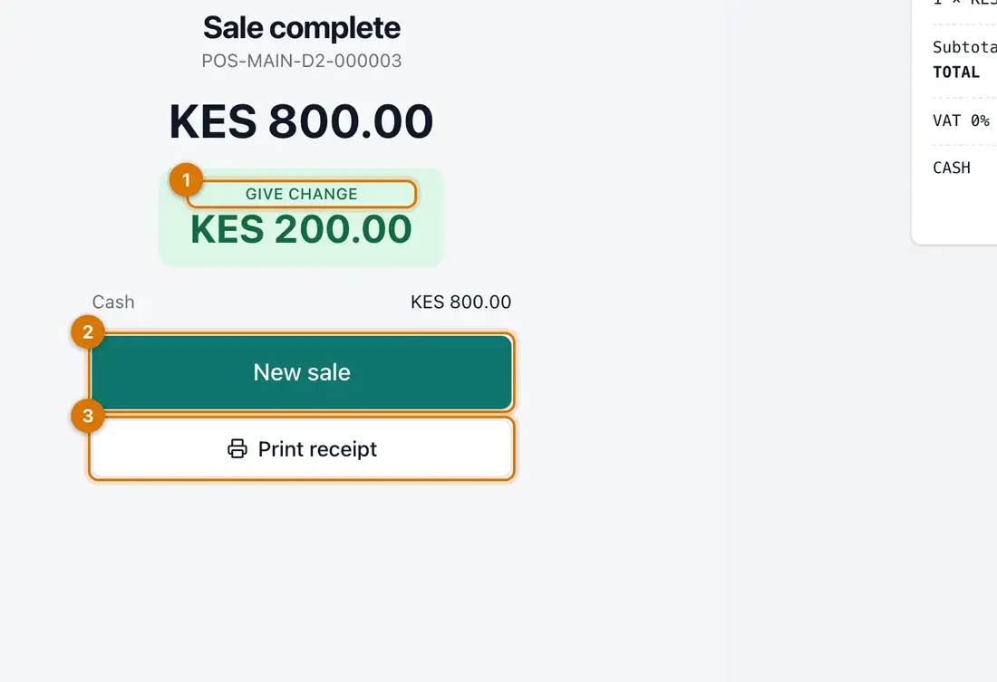 The Sale complete screen showing the receipt number, the total, the change to give and the printed receipt