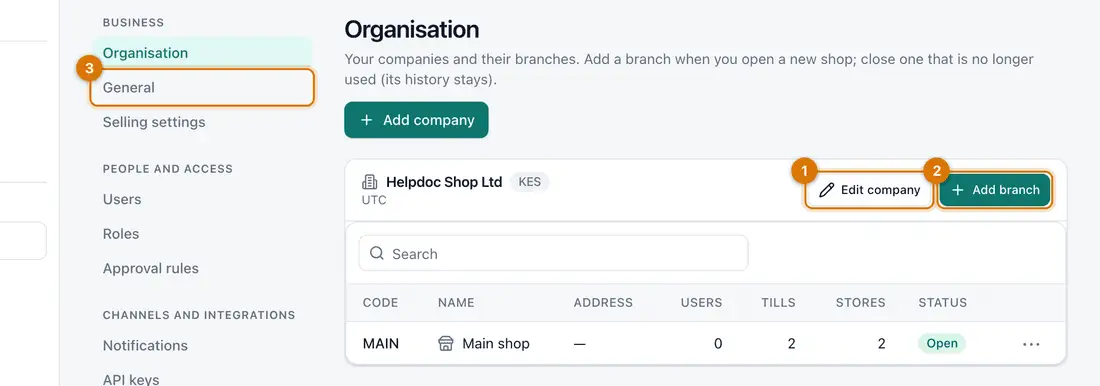 The Organisation settings page showing a company and its branches, with the Edit company and Add branch buttons