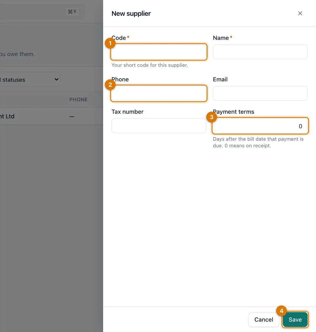 The New supplier drawer with Code, Name, Phone, Email, Tax number and Payment terms