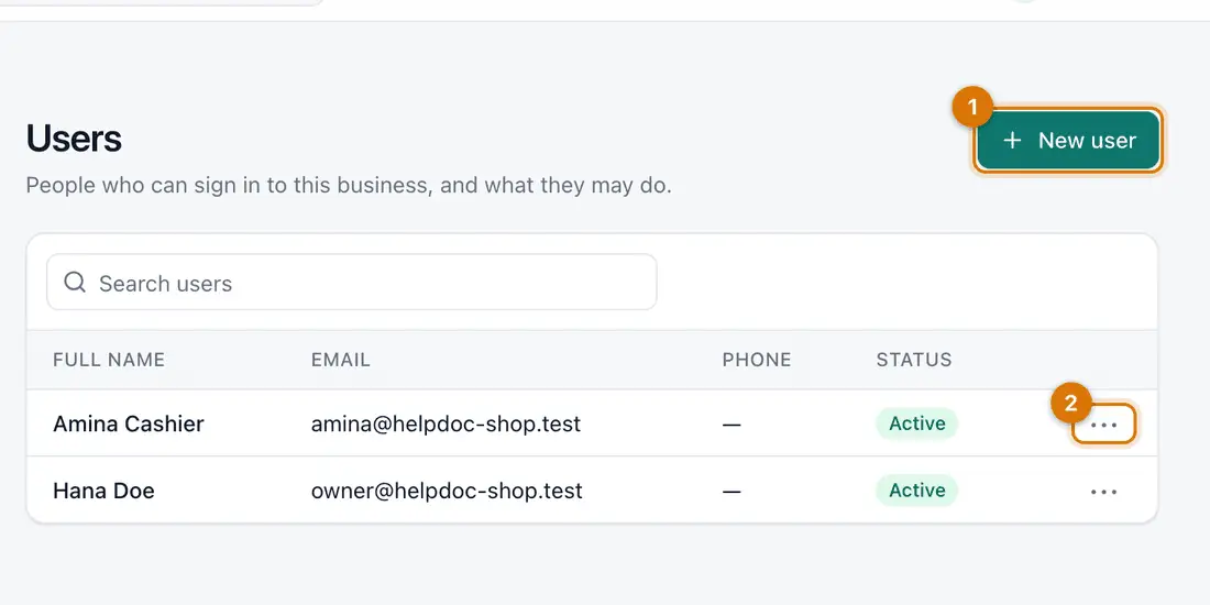 The Users settings page with the New user button and a table of people